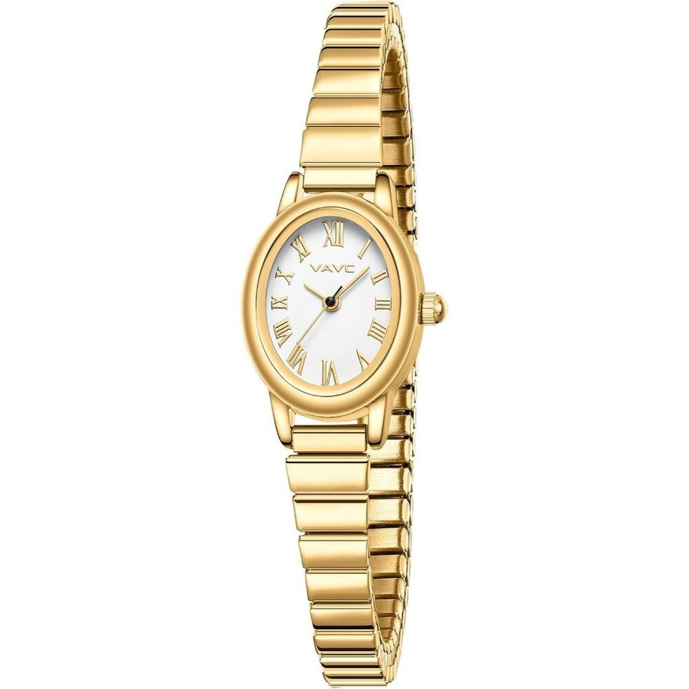 Women's Gold Watch with Stainless Steel Expansion Band Oval Case Roman Dial